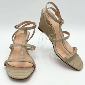J CREW WOMEN’S  TAN LEATHER CROC EMBOSSED STRAPY WEDGE SANDAL SZ 7.5